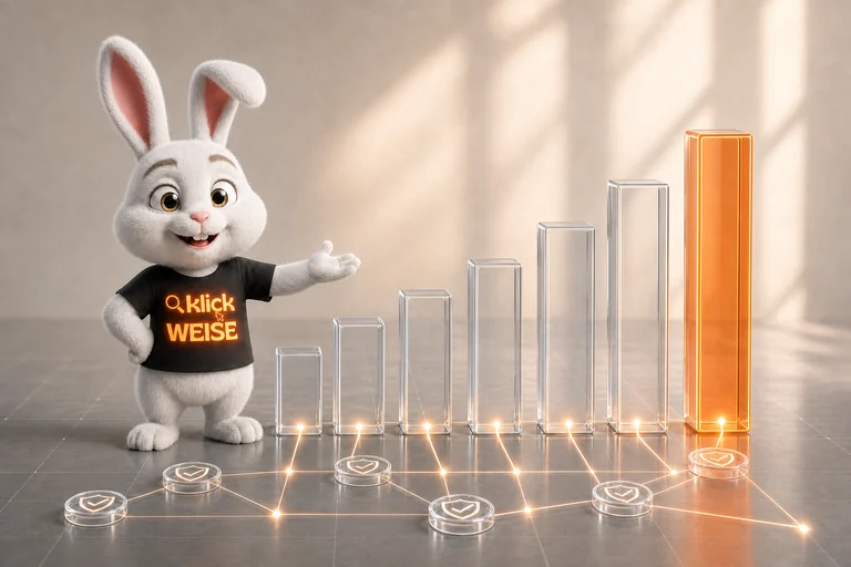 Klickweise-Maskottchen visualisiert Zitierindex in einer eigenständigen Mess- und Analyseszene.